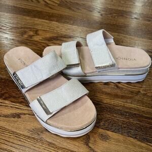 Vionic Brandie Slip On Sandals Womens 9.5 Comfort Adjustable Beige Gold Strappy